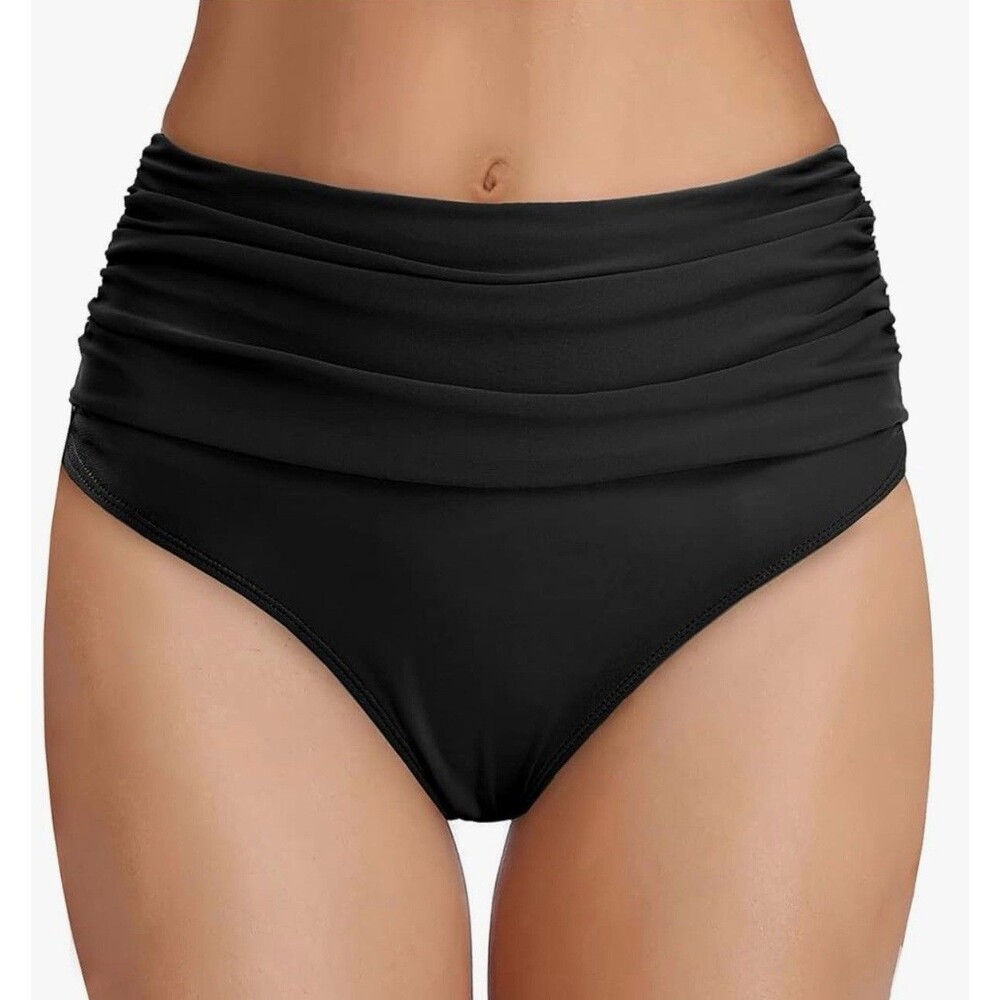 Tempt Me Women's High Waisted Bikini Bottom Tummy Control Black L